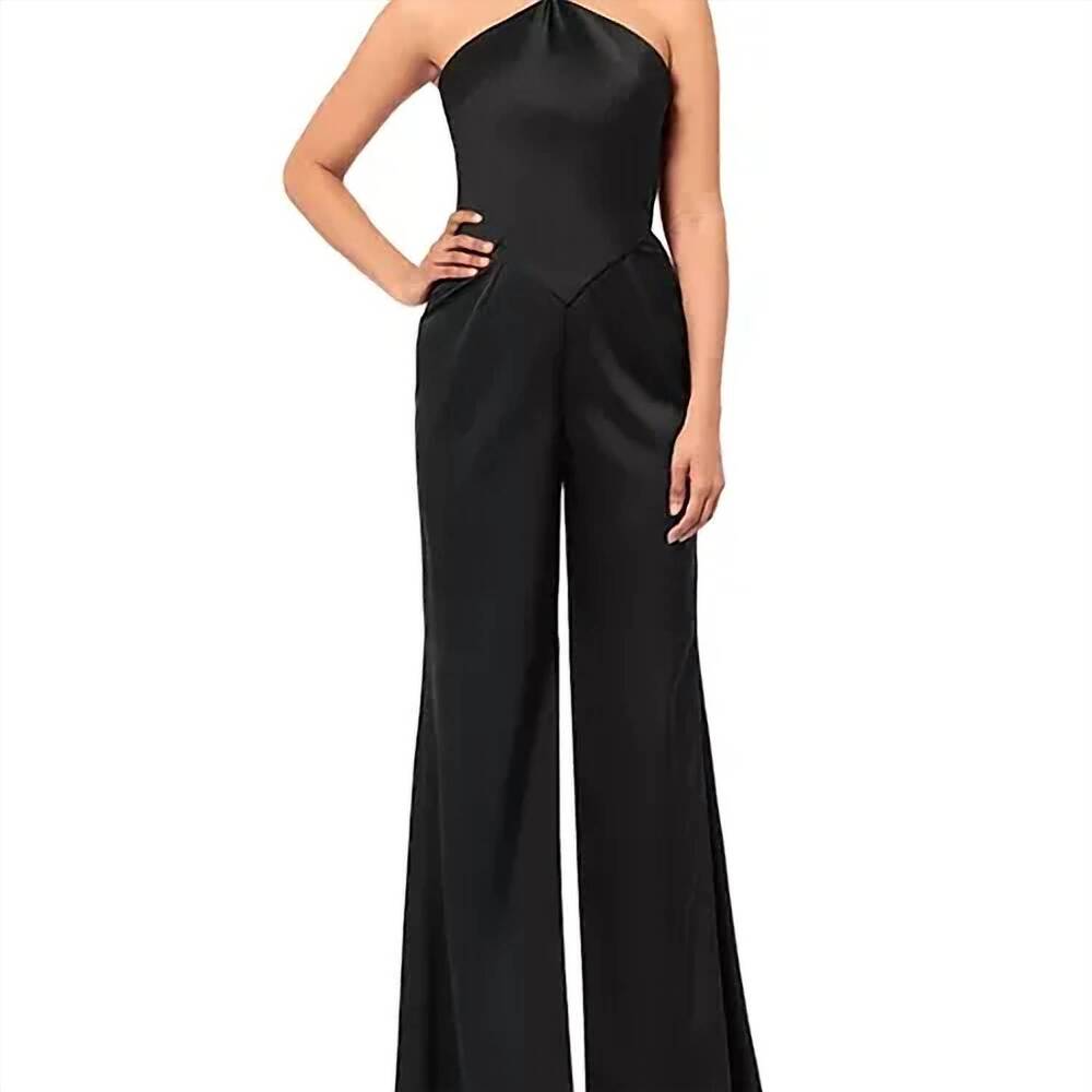 NEW AQUA halter wide leg satin jumpsuit in black